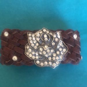 NWOT Woven Leather Bracelet, Crystal Silver Rose